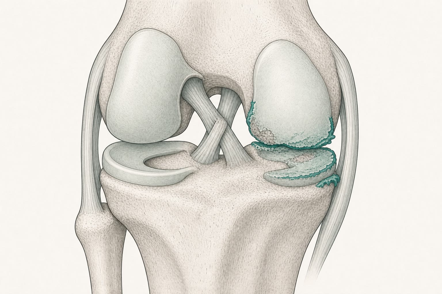 Schematische Darstellung: Kniegelenk von vorne mit Arthrose im inneren Gelenkanteil – verschmälerter Gelenkspalt, ausgedünnter Knorpel und knöcherne Anbauten hervorgehoben