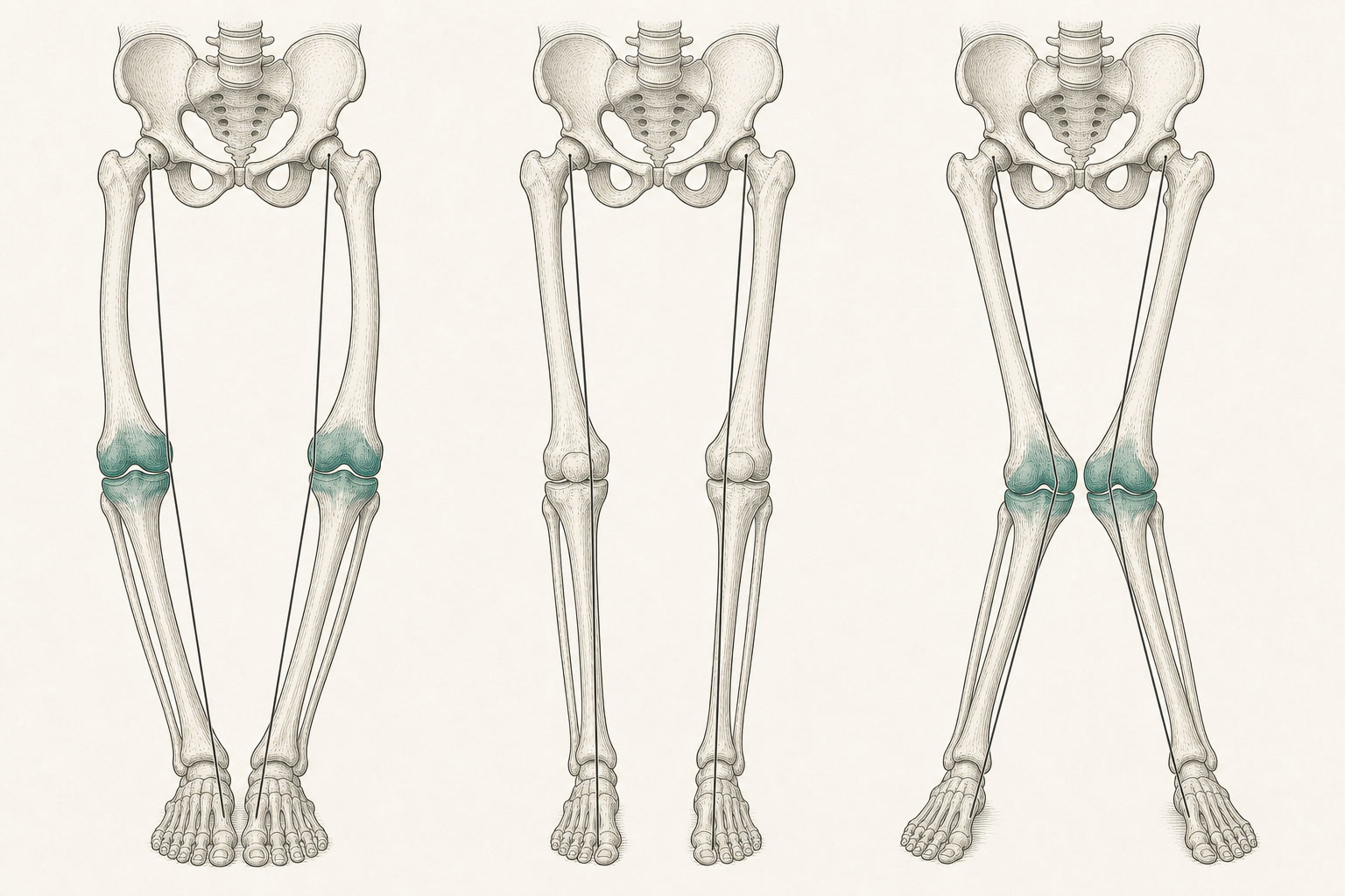 Schematische Darstellung: drei Beinachsen im Vergleich – O-Bein (Varus), neutrale Achse und X-Bein (Valgus) mit mechanischer Tragachse