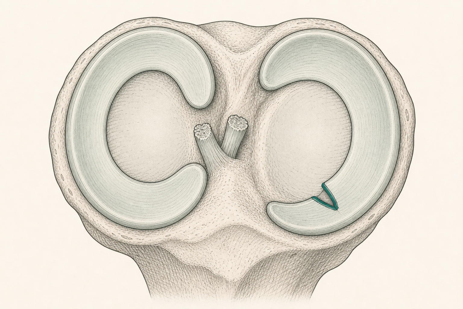 Medizinische Illustration: Schienbeinkopf von oben nach Teilentfernung des Meniskus – geglätteter, stabiler Restmeniskus